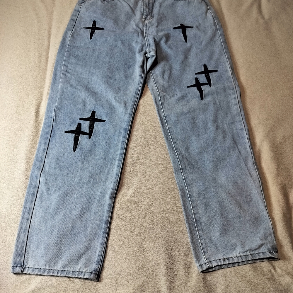 Generic Vintage Unknown Brand,  Baggy Jeans with Black Cross Accents.